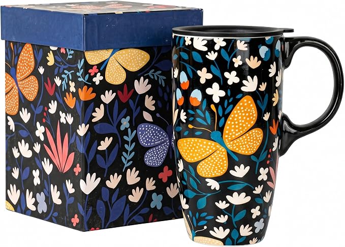 Topadorn 17oz Ceramic Travel Mug, Butterfly Coffee Mug with Gift Box | Large Floral Coffee Cup, Microwave & Dishwasher Safe Ceramic Travel Cup, Butterfly