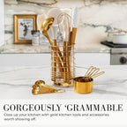 Styled Settings White and Gold Kitchen Utensils Set with Holder, 15-Piece | Nonstick BPA-Free Silicone Cooking Utensils with Measuring Cups and Spoons - Luxury Kitchen Accessories for Stylish Cooking