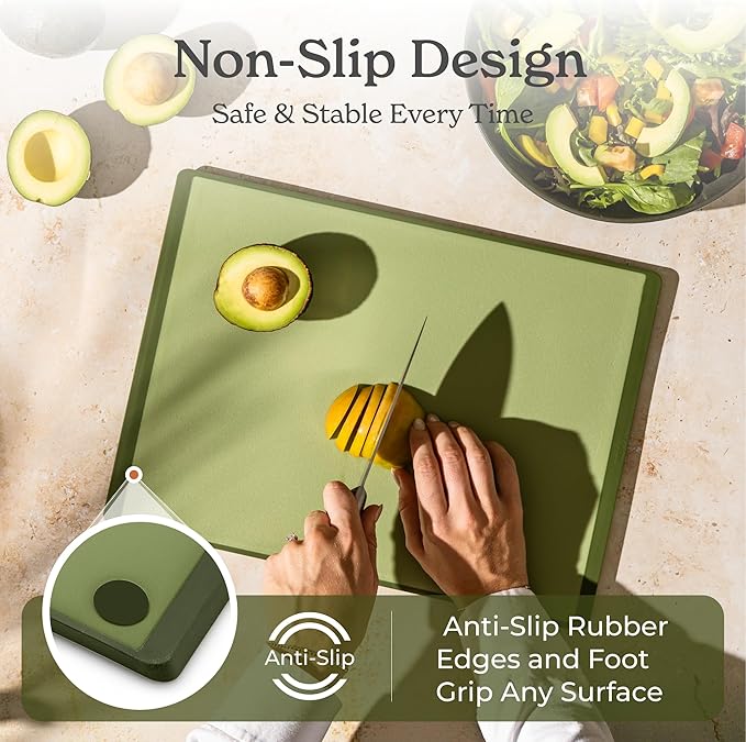 SMIRLY Plastic Cutting Board Set with Holder 3 Pieces, Non-Slip Dishwasher Safe Chopping Boards for Kitchen, Green
