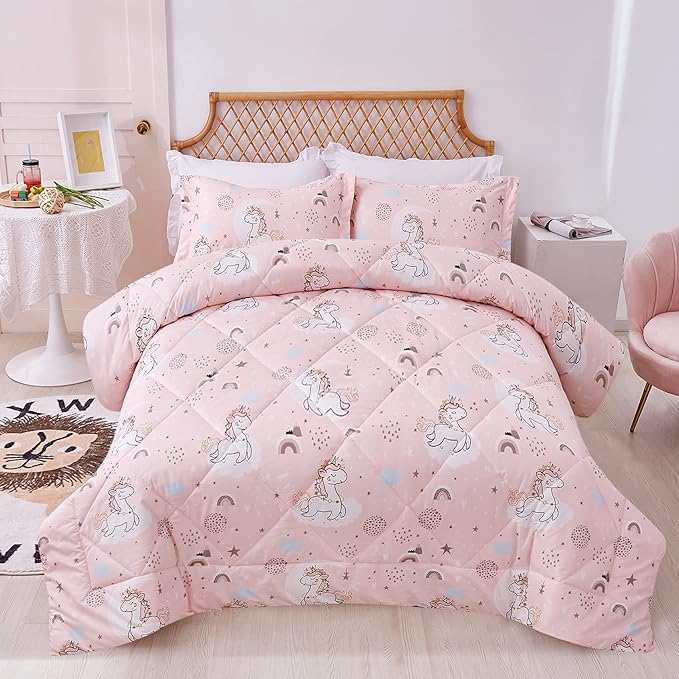 JSD Pink Unicorn Kids Comforter Set for Girls, 3 Pieces Full Microfiber Comforter with Pillow Sham, Soft Comfortable Machine Washable