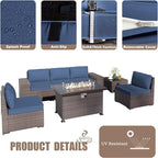 Patio Furniture Sectional Sofa Set 7-Pieces PE Rattan Patio Conversation Set w/43in Gas Fire Pit Table, Outdoor Furniture with 55000 BTU Propane Fire Pit, Navy Blue