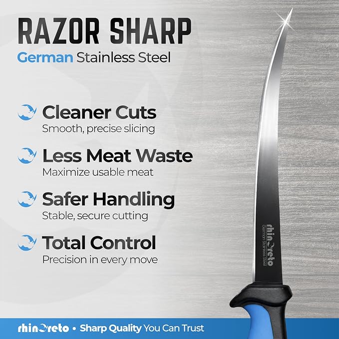 Rhinoreto Fillet Knife for Fish - Razor Sharp G4116 German Stainless Steel Blade, 7 Inch Professional Filleting & Boning Knife with Non-Slip Handle, Protective Sheath & Sharpener