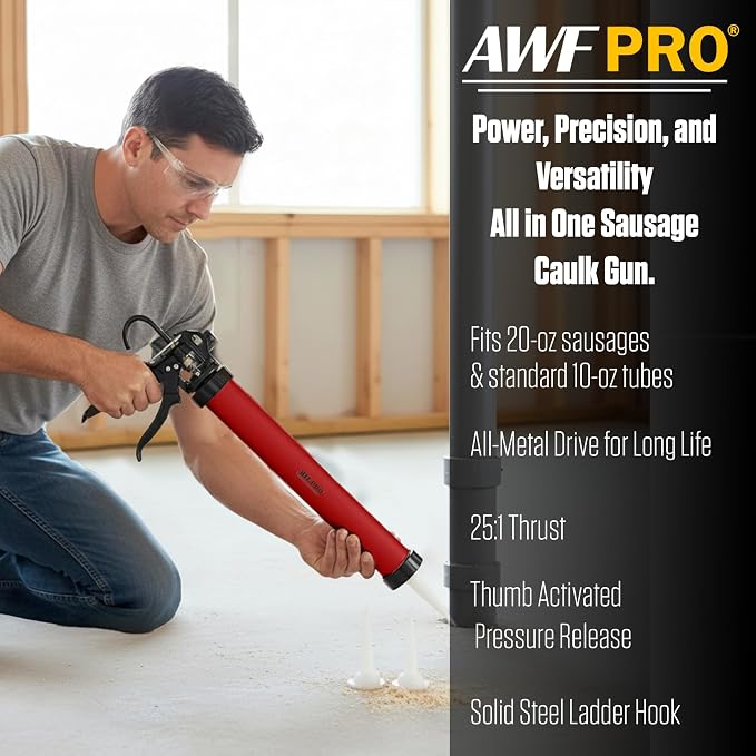 AWF PRO Sausage Caulking Gun 20 oz, 25:1 Thrust Ratio | 20 oz Foil Pack and 10 oz Cartridge Convertible, Aluminum Barrel, Includes 3 Tips
