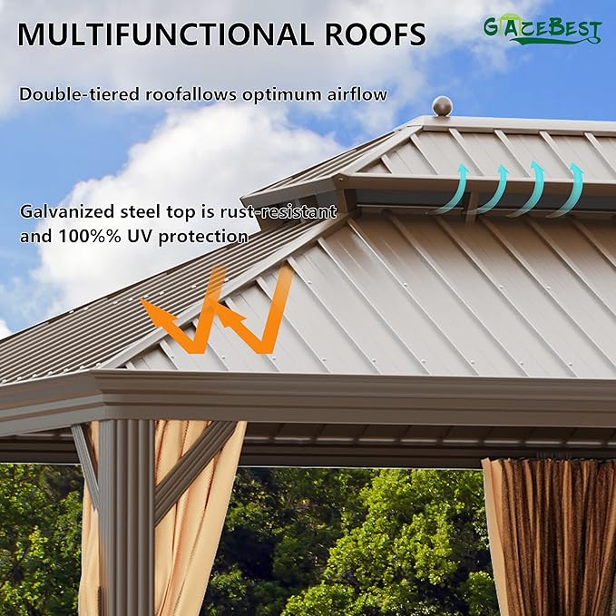 12' X 20' Hardtop Gazebo, Outdoor Galvanized Steel Double Roof Permanent Aluminum Frame Pavilion Pergola Canopy with Privacy Curtains for Garden, Patio, Backyard, Deck and Lawns.