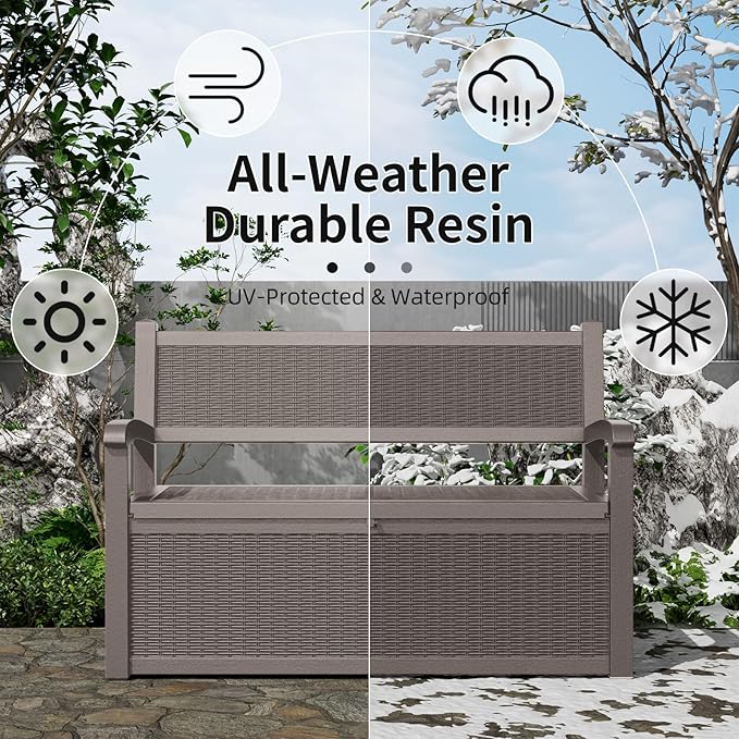 Outdoor Storage Bench - Waterproof Resin Patio Bench with Storage, All-Weather Durable Design for Garden, Deck, or Patio