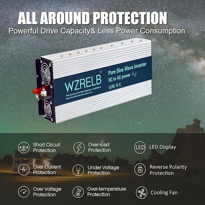 WZRELB 3000W Pure Sine Wave Inverter 24V DC to 110V 120V AC Power Converter with LED Display, Hardwire Terminal,Off-Grid Portable Power Inverter with Dual AC Outlets for Home, RV, Truck, Camping