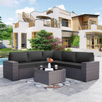 Patio Furniture Set Sofa 6-Pieces Wicker Sectional Sofa Set, Outdoor Furniture Rattan Patio Conversation Set with Thickened Cushion and Glass Coffee Table, Black