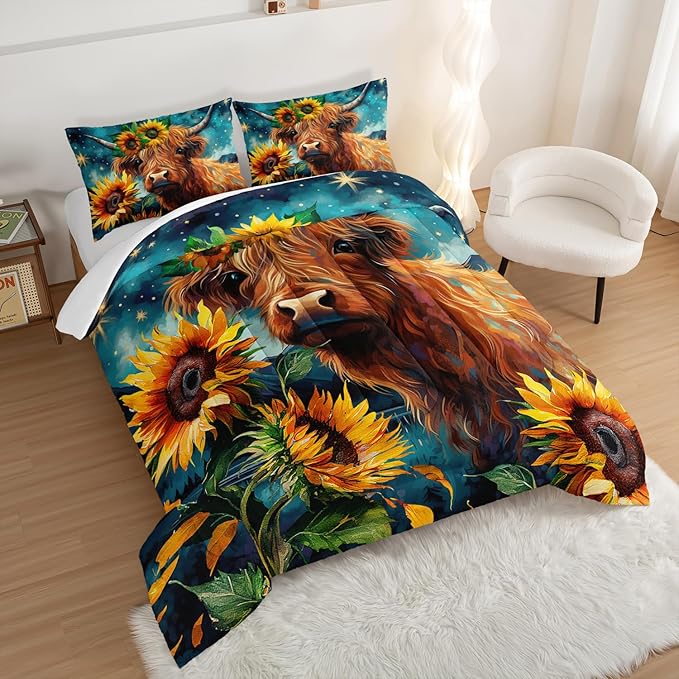 HOSIMA Highland Cow Comforter Set,Western Farmhouse Animals Cow and Sunflower Print Bedding Set 3Pcs with 2 Pillowcases,Galaxy Star Moon Queen Comforter Set,Floral Wild Animal Room Decor.