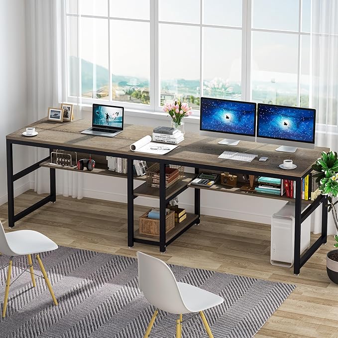 Tribesigns Two Person Desk with Bookshelf, 78.7 Computer Office Double Desk for Two Person, Rustic Writing Desk Workstation with Shelf for Home Office (Grey)