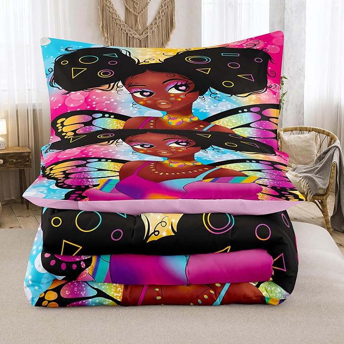 Tailor Shop Fantasy Black Girl Comforter Set Rainbow Butterfly King Size Bedding Sets for Girls Kids Kawaii Magic African American Black Girl Bedding Set with 2 Pillowcase Girls Room Decor