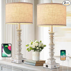 Set of 2 Farmhouse Table Lamps for Living Room, 29.5" Inch Tall Rustic Bedrooms Nightstand Table Lamp with USB-C & USB-A Charging + AC Outlet, Pull Chain Bedside Lamp for End Table, Antique White