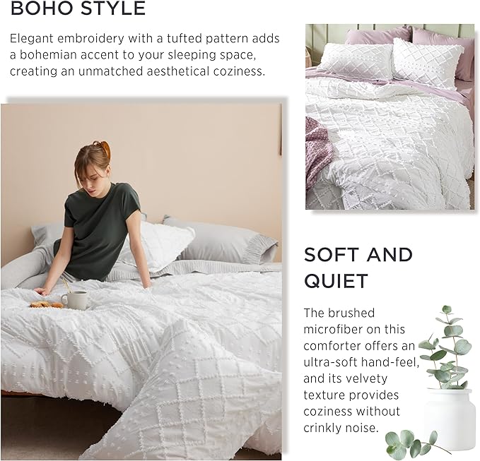 Bedsure Full Size Comforter Set - Ivory Comforter, Boho Tufted Shabby Chic Bedding Comforter Set, 3 Pieces Vintage Farmhouse Bed Set for All Seasons, Fluffy Soft Bedding Set with 2 Pillow Shams