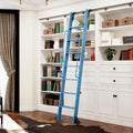 DIYHD 87" Rolling Library Ladder with Handrail, 4FT Sliding Rail, Blue | 7-Step lightweight ladder with space-saving upright storage, Telescopic top hooks, Locking bottom rollers, 300lbs capacity