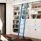 DIYHD 87" Rolling Library Ladder with Handrail, 4FT Sliding Rail, Blue | 7-Step lightweight ladder with space-saving upright storage, Telescopic top hooks, Locking bottom rollers, 300lbs capacity