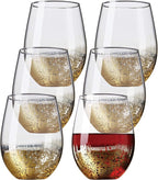 Kitchen Lux 18 oz Gold Rimmed Stemless Wine Glasses for Parties – Set of 6 Gold Wine Glass Cocktail Tumblers – Large Crystal Clear Wine Cups - Deluxe Glassware Gift for Christmas - Dishwasher Safe