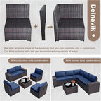Patio Furniture Set Sofa 6pcs Wicker Sectional Sofa Set, Outdoor Furniture Rattan Patio Conversation Set with Thickened Cushions and Glass Coffee Table, Dark Blue