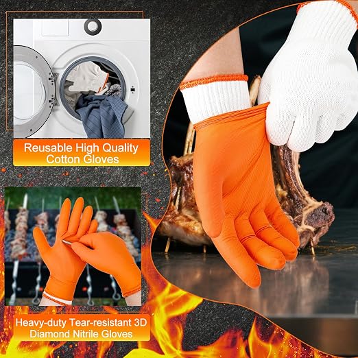 ANBOSON BBQ Gloves Disposable, Heat Resistant Grilling Gloves for Cooking | 10Mil Heavy Duty Nitrile Gloves-100Ct &4 Cotton Liners for Meat Handling Smoker for Hot Food Prep,Non-Slip Grip,Large,Orange