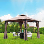 10'x13' Outdoor Patio Canopy Rain-Proof Pop Up Gazebo UV-Resistant Canopy Tent with Double Roof Tops Curtain for Backyard, Patio and Garden, Brown