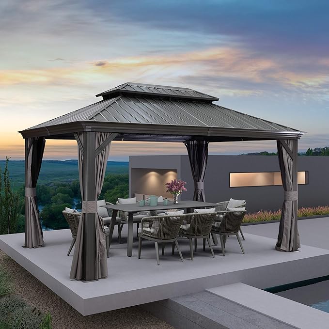 PURPLE LEAF 10' X 14' Permanent Hardtop Gazebo Aluminum Gazebo with Galvanized Steel Double Roof for Patio Lawn and Garden, Curtains and Netting Included, Grey
