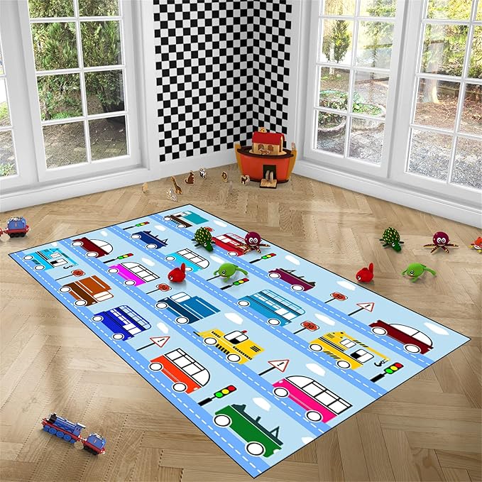 Car Rug Car Play Mat Kids Rugs for Playroom Car Rug Play Mat Rugs for Boys Bedroom Car Carpet for Kids Play Rug for Cars and Trucks Car Rug for Boys Room,Light Blue 3'×5'