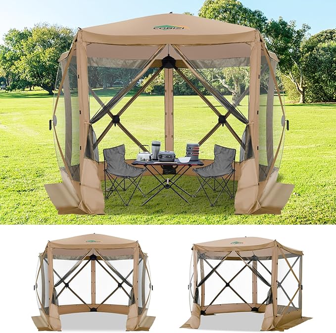 COBIZI 10x10ft Pop up Gazebo Screen House Tent for Camping, Pop-up Camping Canopy with Mesh Windows,Portable Outdoor Quick-Set Hub Tent with Carrying Bag&Ground Stakes,Khaki(Upgraded 2.0)