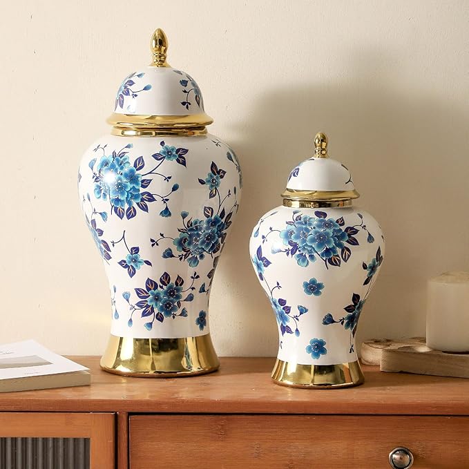 Ginger Jars for Home Decor, White and Gold Vase, Porcelain Ginger Jar Chinoiserie Blue and White Vase with Gold Trim and Floral Pattern, Ceramic Flower Vase for Home, Temple and Storage Jars(12in)