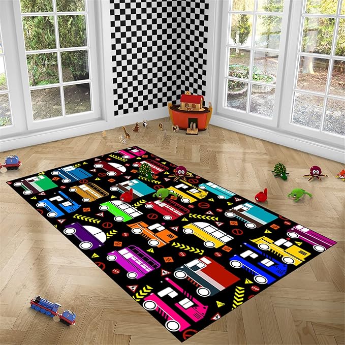 Car Play Mat Kids Rugs for Playroom Car Track Rug Kids Mat Construction Play Mat Car Play Rug Car Carpet for Kids Carpet for Bedroom Truck Rugs for Boys Room,Black 4'5''×6'