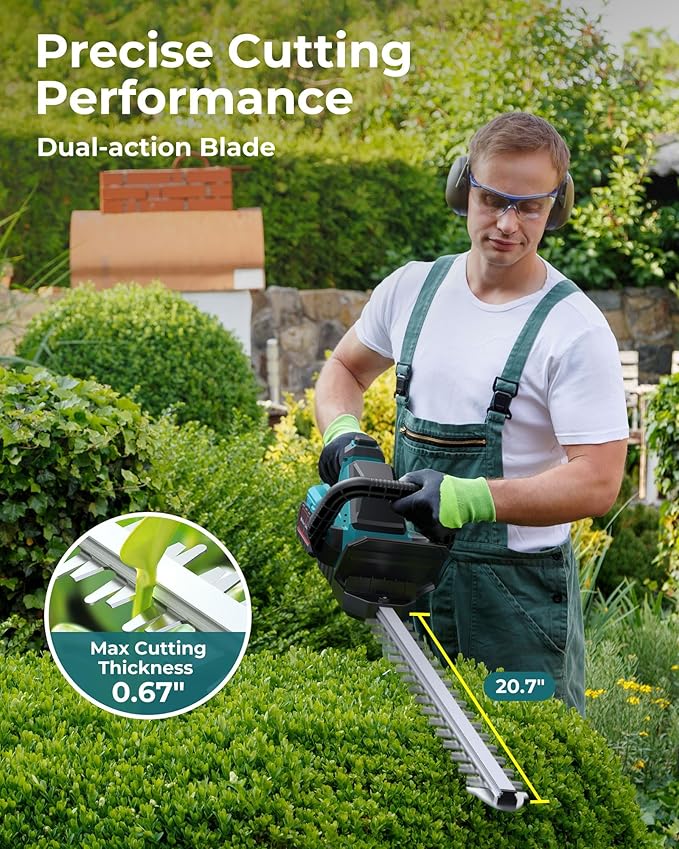 20'' Hedge Trimmer Cordless with 2pcs 4000mAh Battery, Electric Handheld Bush Clipper with Rechargeable Batteries, 3000RPM 180° Rotatable Head, 2/3'' Blade Gap