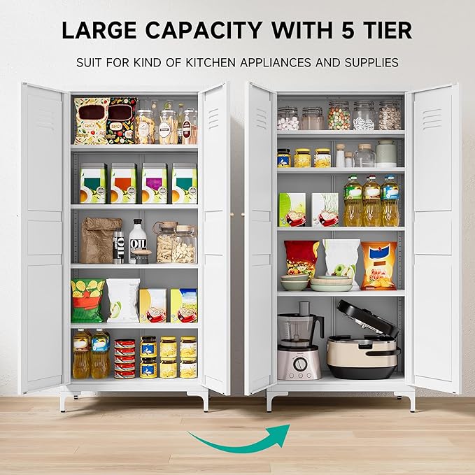 SISESOL Metal Storage Cabinet with Doors and Shelves,White Storage Cabinet with Leg & Vent Hole,Food Pantry Cabinets,5 Tier Metal Pantry,Tall Large Cupboard for Home,Kitchen,Dining/Living/Laundry Room