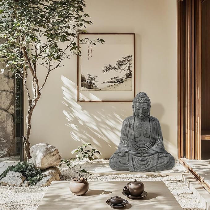 LuxenHome Buddha Statue Outdoor and Indoor, 17" Fiber Stone Meditating Buddha Garden Statues Outdoor, Zen Sculptures, Outdoor Statues for Garden, Patio, Backyard Deck