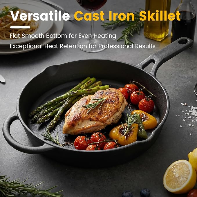 Cast Iron Skillet Set 10 Inch Pre-Seasoned Frying Pan with Burger Press | 8 Inch Grooved Smash Burger Press for Bacon, Heavy Duty Grill Pan for Gas Stove, Oven, BBQ and Campfire
