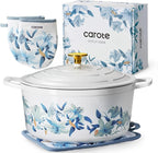 CAROTE 7QT Enameled Cast Iron Dutch Oven Pot with Lid, White & Blue | Sourdough Bread Baking with Cotton Potholders & Oven Gloves, Gift Box, Cookware for Braising, Oven Safe up to 500° F