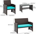 YITAHOME Patio Furniture Wicker Outdoor Bistro Set, 4-Piece All Weather Rattan Conversation Loveseat for Backyard, Balcony and Deck w/Soft Cushions and Metal Coffee Table (Brown+Blue)