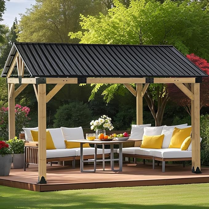 CHARMELEON 12x14 Cedar Wood Gazebo,Heavy Duty Patio Gazebo with Metal Gable Roof,Permanent Hardtop Gazebos Pavilion for Backyard,Outdoor,Deck,Garden,Porch
