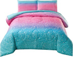 JQinHome Queen 3Pcs Glitter Comforter Sets for Girls, 3D Colorful Duvet Pink Rainbow Themed Bedding, All-Season Reversible Quilted Duvet,for Girls Women- includes 1 Comforter, 2 Pillowcases