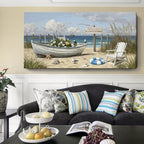 amatop Oversized Coastal Canvas Wall Art – Nautical Seaside Landscape Floral Boat on Sandy Beach Ocean Seabirds Horizontal Decor Large Wildflower Nature Artwork for Living Room Bedroom Office 58×29 Inch