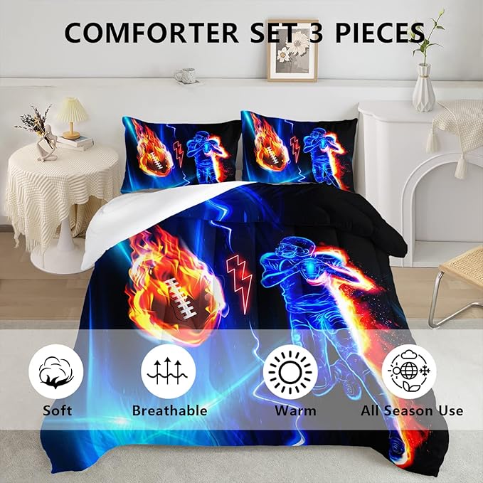 Axolotl Football Comforter Full,Cool Blue Football Bedding Sports Theme Comforter Set for Boys,3D Rugby Sports Bedding Set Football Player On Fire for Boys Kids Teens,1 Quilt 2 Pillowcases,Black Blue