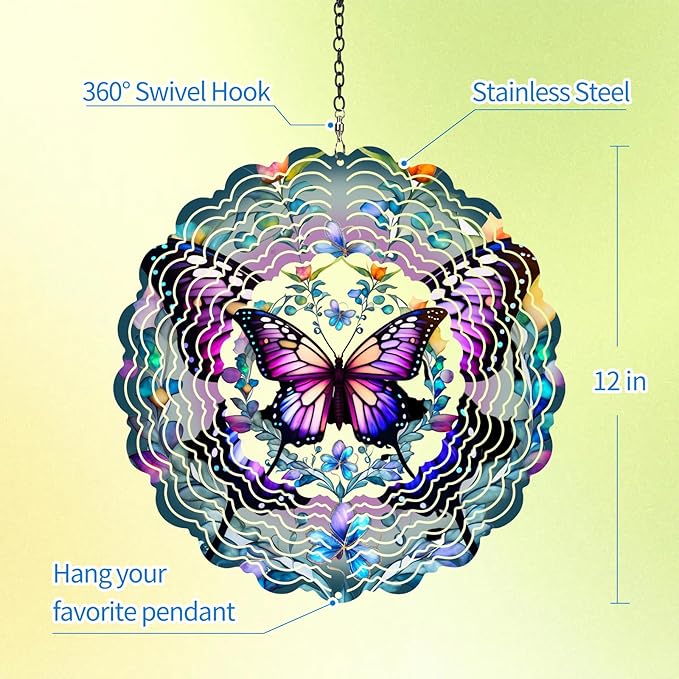 Butterfly Wind Spinners Outdoor - 12 inch Butterflies Outdoor Hanging Wind Sculptures Birthday Gifts for Women, Mom, Grandma, Gardening for Garden Decor for Outside, Patio, Yard, Lawn, Balcony