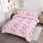 Datura home Kids Comforter Set Girls Pink Flower Butterfly Printed Pattern Quilt Bedding with 1 and 2 Pillowcases for Bedroom All Season(Pink Queen) Queen 90x90inches