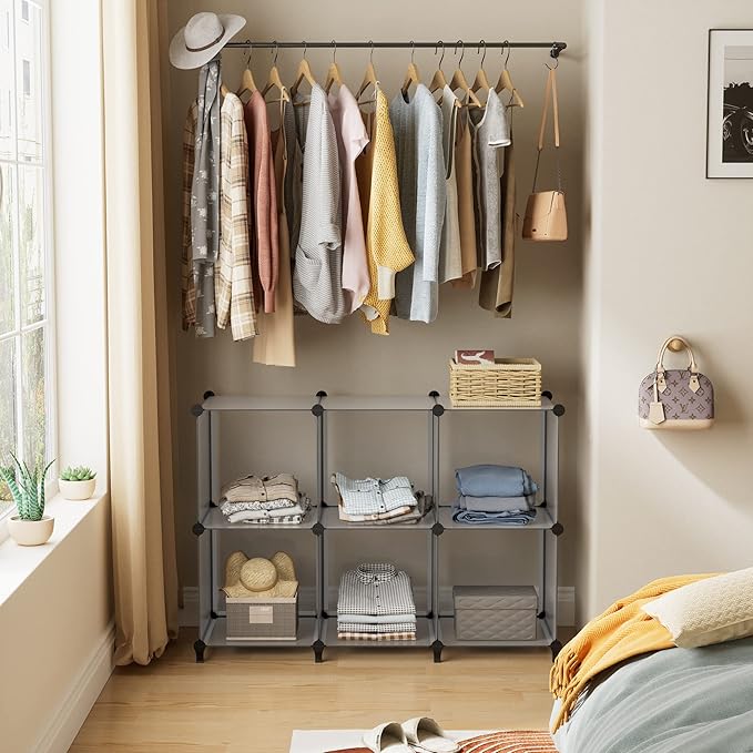 HOMIDEC 6-Cube Light Grey Cube Storage Organizer, Modular Storage Shelf with Hammer, Bin Cabinet Closet Bookshelf for Living Room, Bedroom, Office, Each Cube Size 11.8 x 11.8 inch