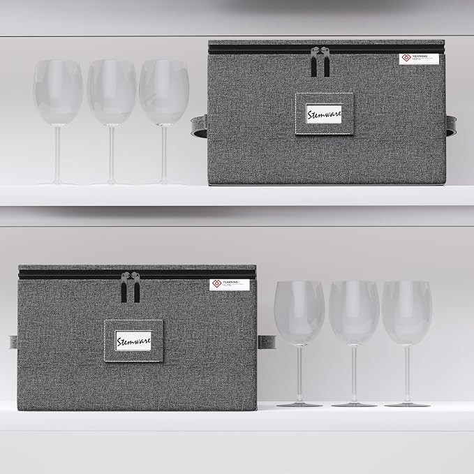 YearningHome Wine Glass Storage Box with Dividers,Hard Shell and Stackable Stemware Storage Containers with Sturdy Handle for Glassware Crystal Storage and Transport,Grey,Holds 12