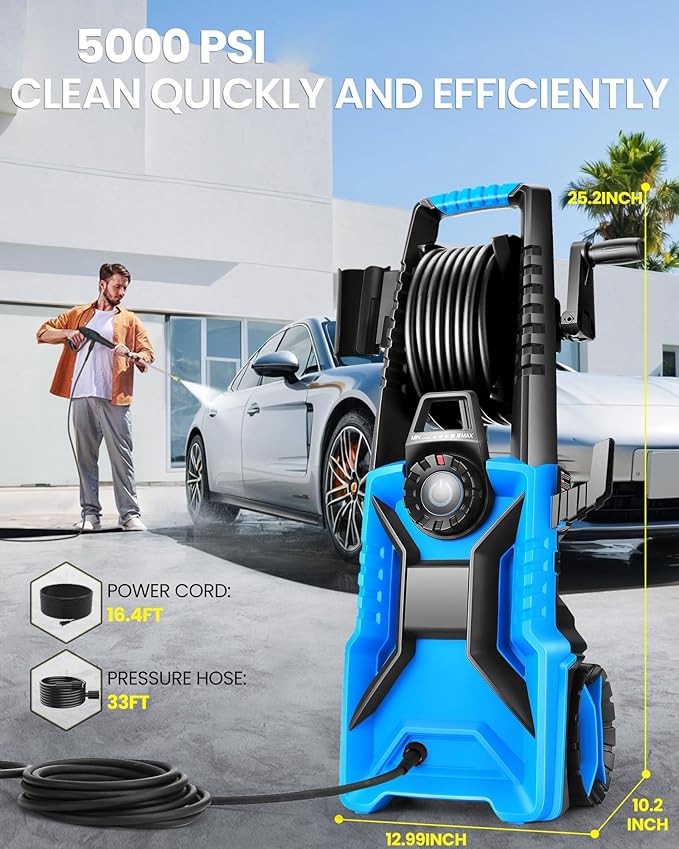 5000PSI Pressure Cleaner 4.0 GPM Adjustable Pressure,4.0 GPM Power Cleaner with Foam Cannon,4 Nozzles,33FT Hose and 500ml Soap Bottle for Home/Cars/Driveways/Patios/Fences