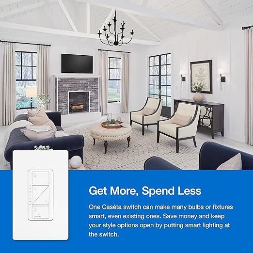 Lutron Caseta 3 Way Smart Dimmer Switch Kit, w/ Wireless 3 way Pico Remote and Bracket, Light Switch for LED Lights, No Neutral Required, P-PKG1WB-WH