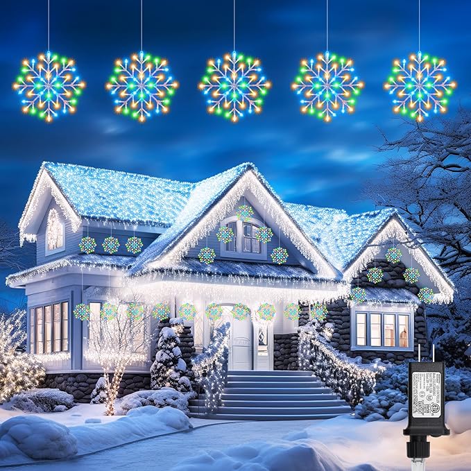 Christmas Snowflake Icicle Lights Outdoor - Plug-in 10.5ft 5 Drops 240LED Snowflake Window Lights with 8 Modes, Hanging Lights for Indoor Outdoor Porch Eaves Rooftops Christmas Decor, Multicolor