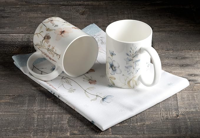 Maison d' Hermine Coffee Mug with Handles Tea Cups (15 Ounce, Pack of 2) | Fine Bone China Coffee Mugs for Hot Beverages Cappuccino Latte Home Restaurant Hotel Spring Summer -Ice Florals