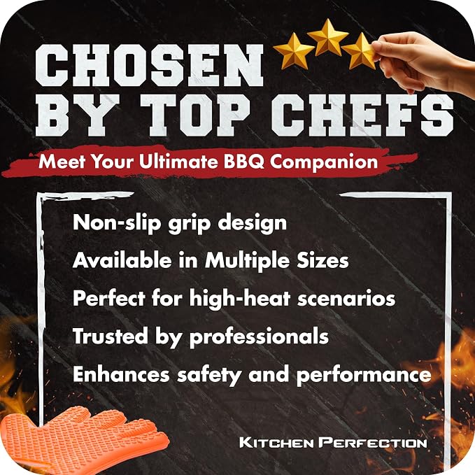 KITCHEN PERFECTION XL Silicone Smoker BBQ Gloves -Heat Resistant Oven Mitts | Waterproof, 5-Finger Design For A Better Grip, for Pitmasters, Meat Smoking, Grilling, Cooking, Frying Turkey | Grill Gift