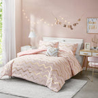 Codi King Size Bedding Sets Pink - Metallic Print Blush Comforter Set - 4 Piece includes 1 Rose Gold Comforter, 1 Decorative Pillow, 2 Pillow Cases - All Seasons Warm
