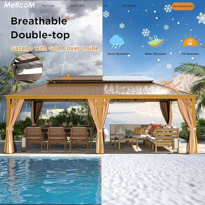 MELLCOM 14'x24' Gazebo, Wooden Finish Coated Aluminum Frame Pergola with Double Galvanized Steel Hardtop Roof, Outdoor Permanent Metal Pavilion with Curtains and Nettings for Patio, Backyard and Deck