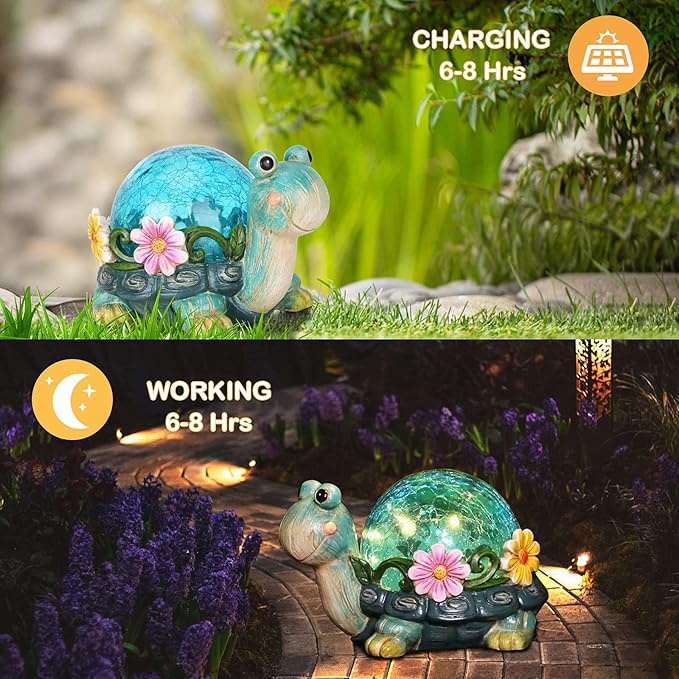 Afirst Solar Garden Statues Outdoor Figurines - Turtle Lawn Ornament with Solar Lights Cracked Glass Outdoor Decor for Patio Yard Decorations