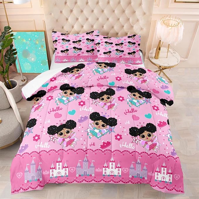 Pink Girls Comforter Sets Full, African American Black Girl Comforter Set Full Size Comforter Sets for Girls Soft Princess Bedding Decor for Girls Bedroom with 1 Comforter 2 Pillowcases